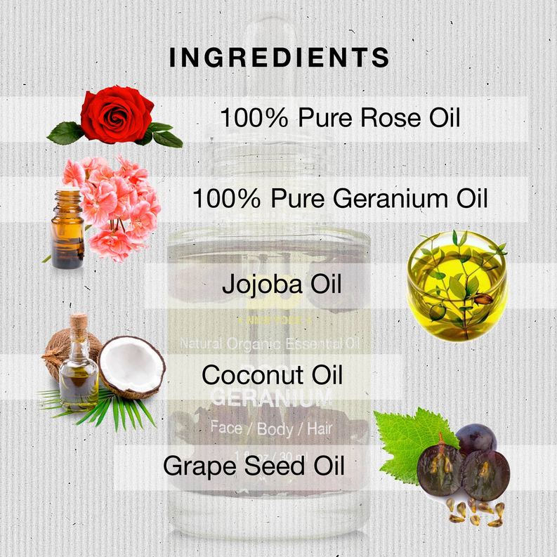 Ingredients list for rose geranium essential oil: rose oil, geranium oil, jojoba and coconut
