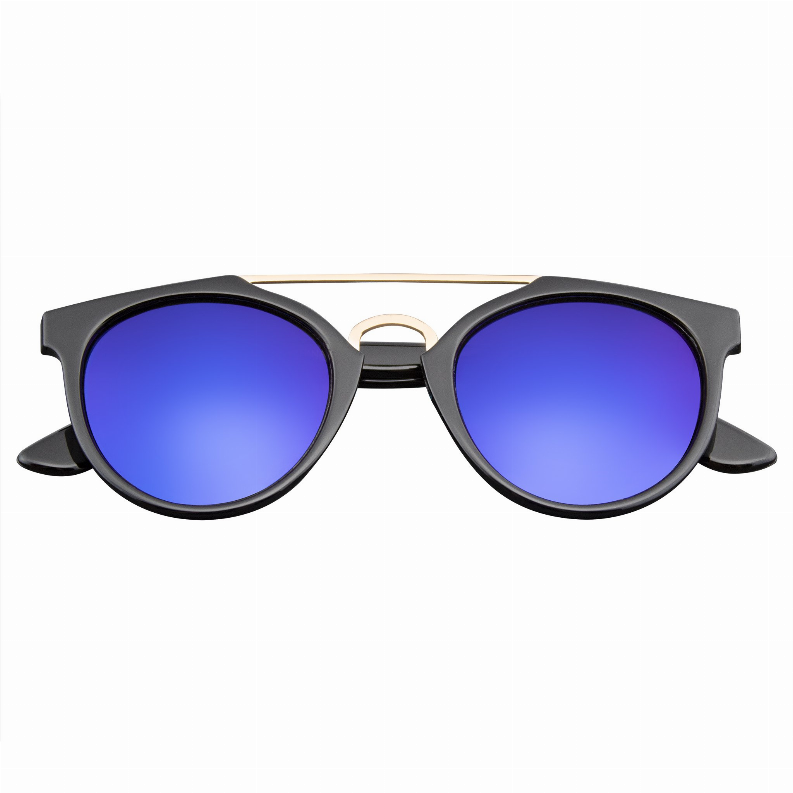 Round black horn-rim sunglasses with blue mirrored lenses and dark side arms, crossbar bridge