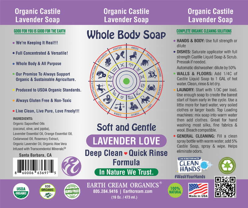 Lavender castile liquid soap label graphic: whole body soap, deep clean formula