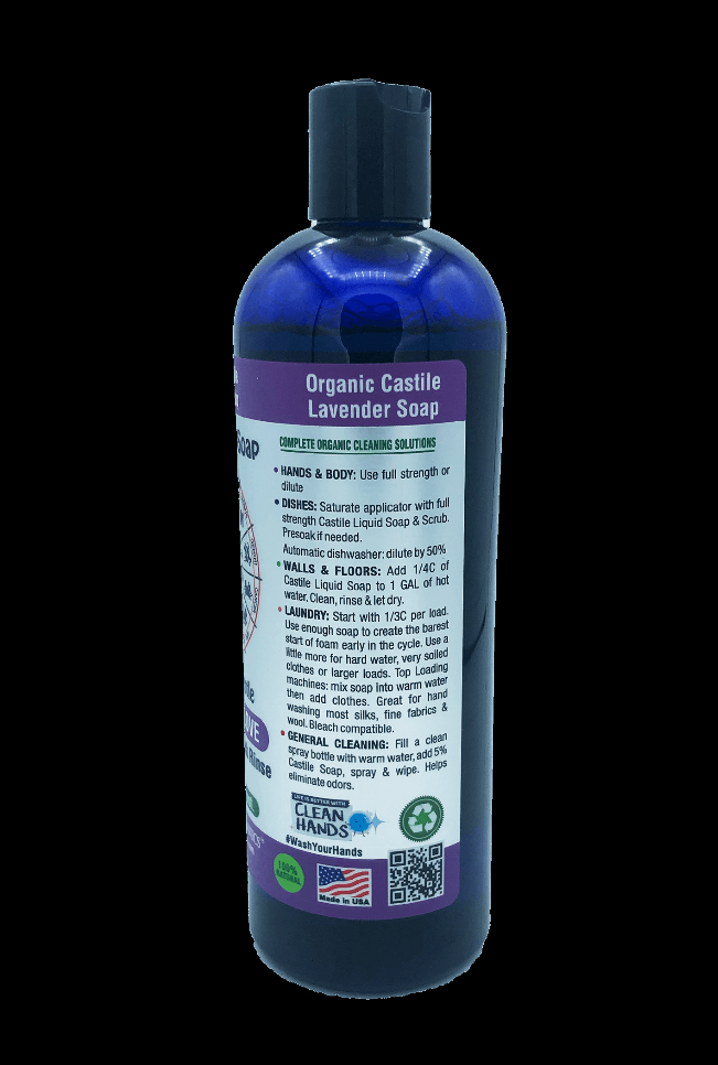 Organic castile liquid soap bottle, lavender back label with ingredients icons