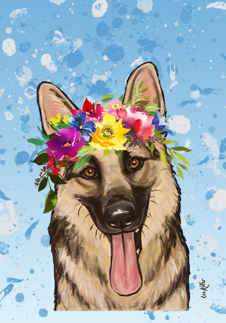Hippie Hound Studios German Shepherd garden flag with colorful floral crown portrait