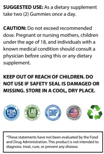Suggested use and caution panel for ashwagandha gummies; keep out of reach