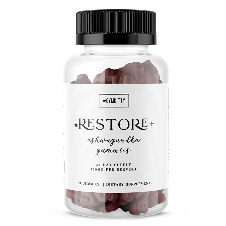 Ashwagandha gummy supplement bottle with #RESTORE+ label and 150 mg per serving