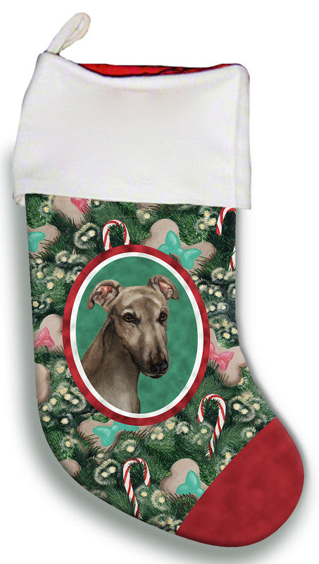 Greyhound Christmas stocking with white cuff, green dog-print panel, red heel and toe