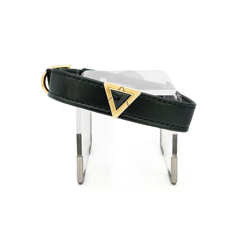 Black pet collar with gold triangular charm plate and buckle