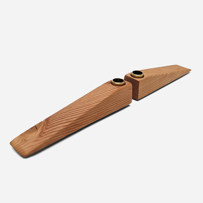 Wooden candle holder with two votive cups on a long split base, natural color