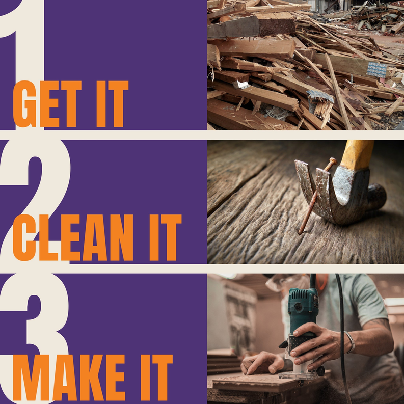 Decorative “Get It Clean It Make It” graphic with woodworking photo background