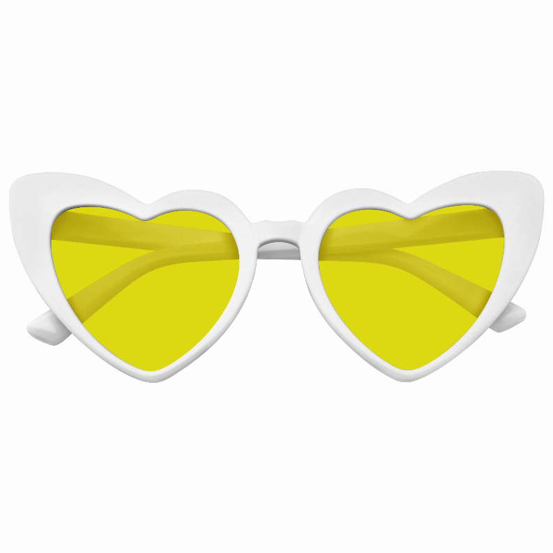 Heart-shaped cat-eye sunglasses with white frames, yellow tinted lenses, metal bridge