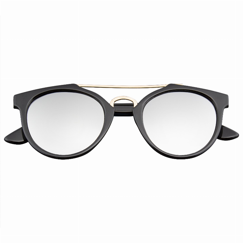 Black round horn-rimmed crossbar sunglasses with flash mirror lenses