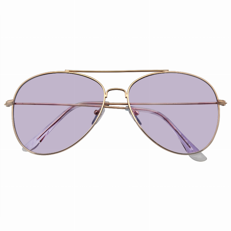 Gold round sunglasses with lavender tinted lenses, slim metal arms and nose bridge