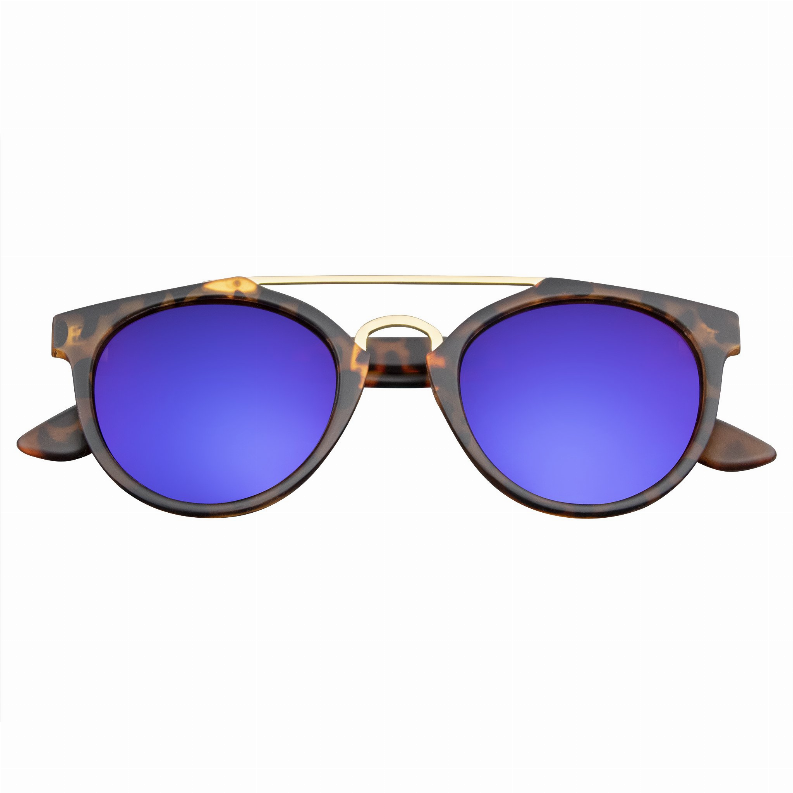Horn-rimmed sunglasses with round purple mirrored lenses and top crossbar