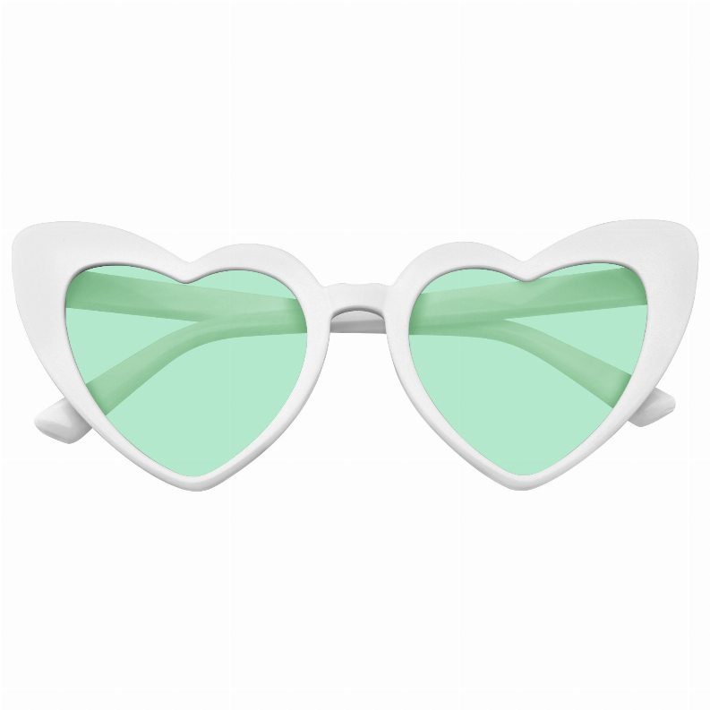 White heart-shaped cat-eye sunglasses with green tinted lenses