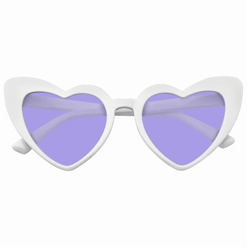 Front-facing heart-shaped cat-eye sunglasses with white frame and purple tinted lenses