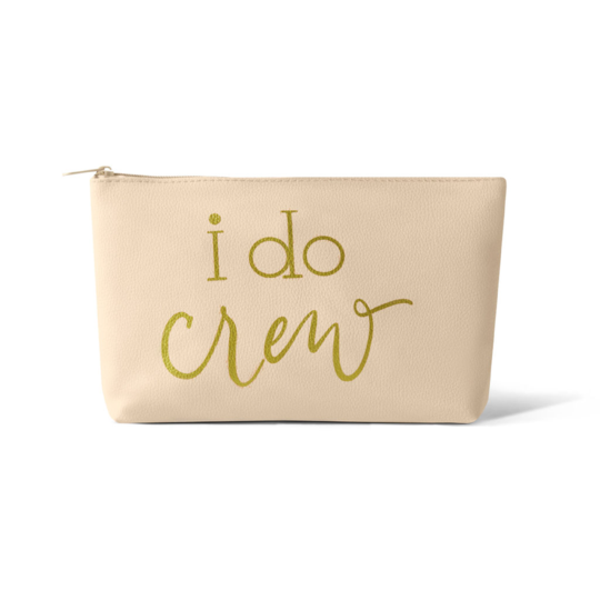 Bride bridesmaid faux leather makeup bag, cream with green "I do" and zipper