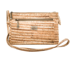 Cork crossbody bag, woven stripe pattern, zip-top opening and long crossbody strap