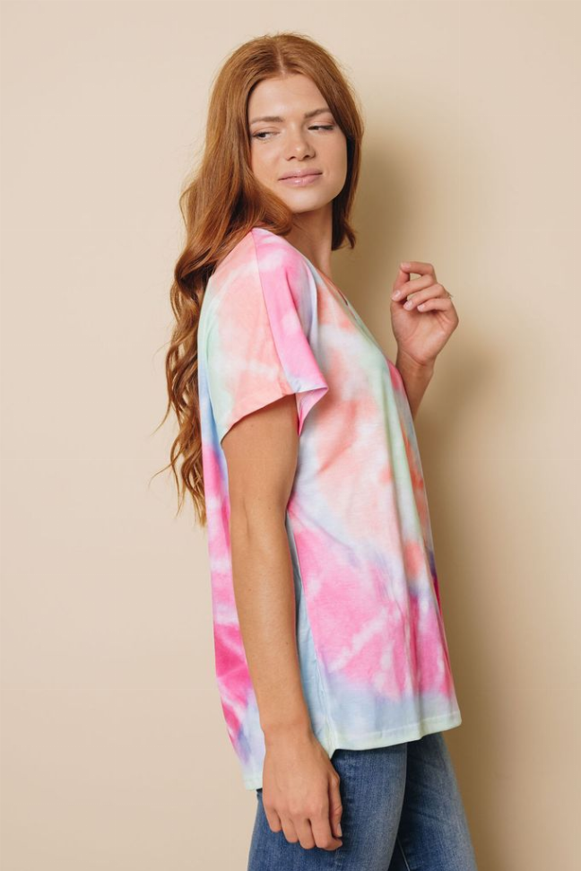 Pastel pink-and-blue tie-dye V-neck t-shirt, side view, short sleeves