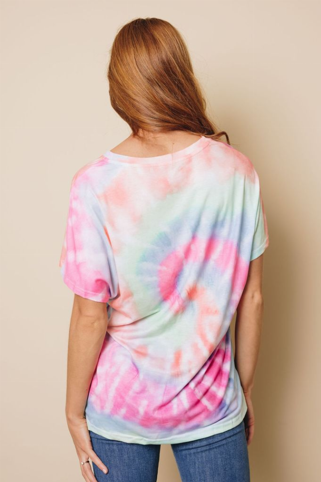Pastel tie-dye V-neck t-shirt, back view, pink and light-blue swirls