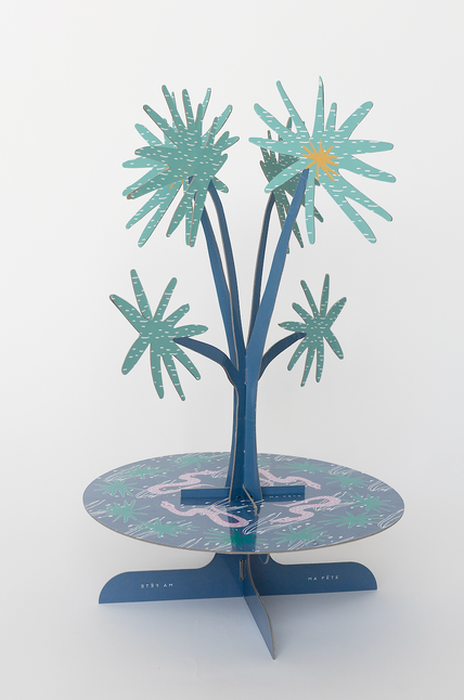 Teal safari cupcake stand with a tree-like topper and circular base