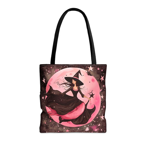 Medium black tote bag with pink witch riding a moon and starry pattern