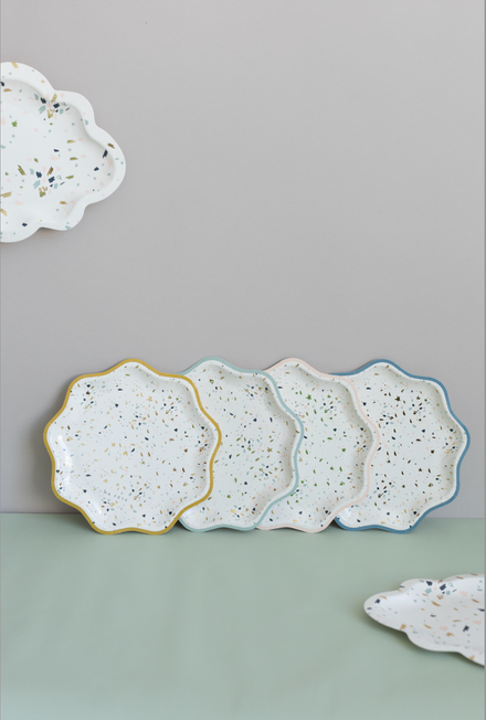 Terrazzo dessert plates set of 4, white scalloped plates with speckled multicolor dots