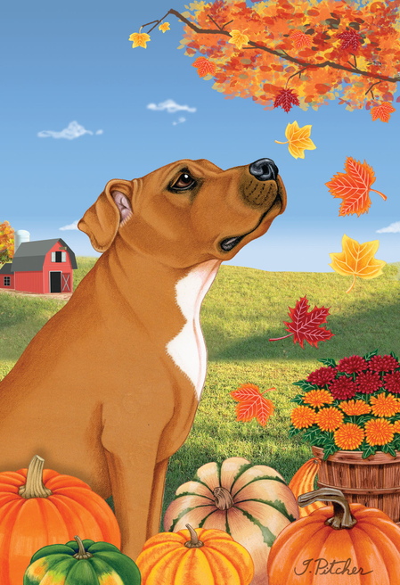 Autumn outdoor flag with tan dog portrait and colorful fall leaves design