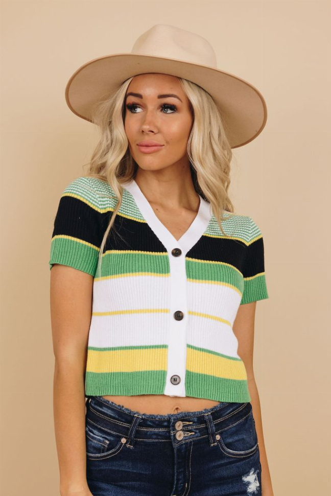 Colorblock knit crop top with V-neck, button placket, striped black and green