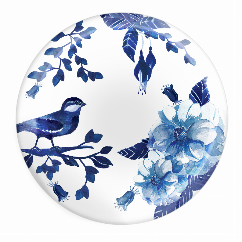 Blue and white melamine dessert plate with bird and floral pattern, round