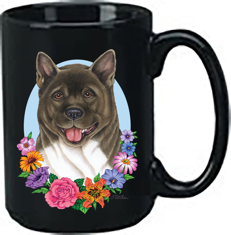 Black ceramic 15oz coffee mug with Akita dog face and colorful floral print