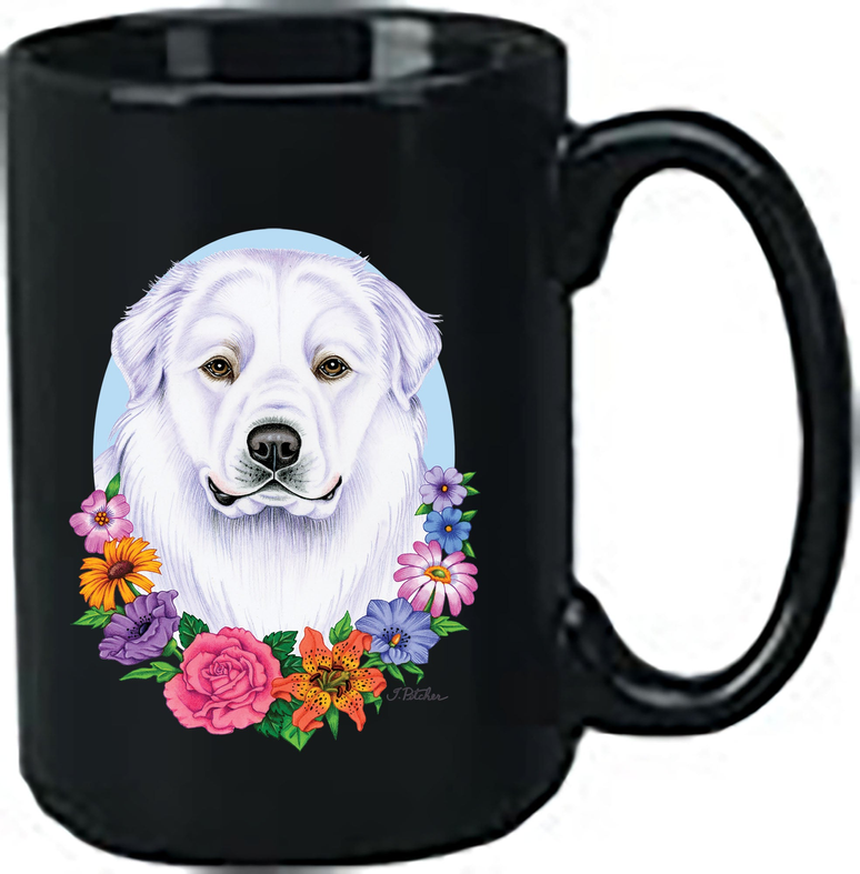 Black ceramic coffee mug with white dog and floral design on front