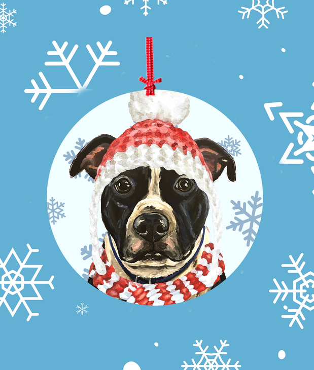 Pit Bull black-and-white Christmas tree ornament with red scarf and hanging string