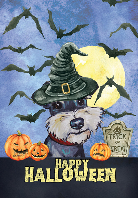 Halloween house flag with witch-hat dog, bats, pumpkins, and 'Happy Halloween' text