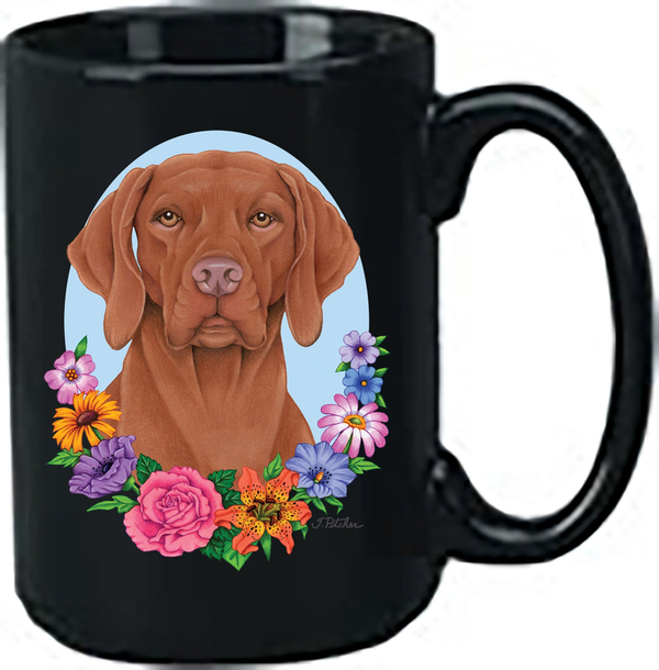 Black ceramic coffee mug with printed brown Vizsla and colorful floral wreath around face