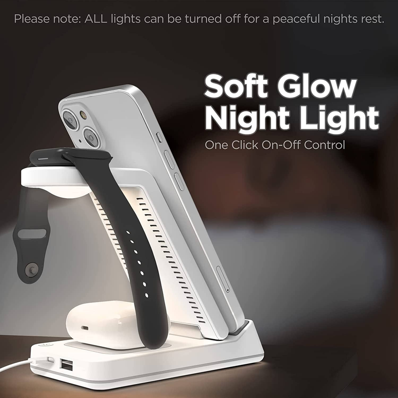 White charging stand with black night light bar, tilted phone dock, soft glow night light