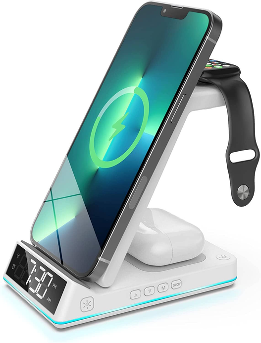 White 5-in-1 charging stand with tilted phone holder, green charge icon, lit alarm display