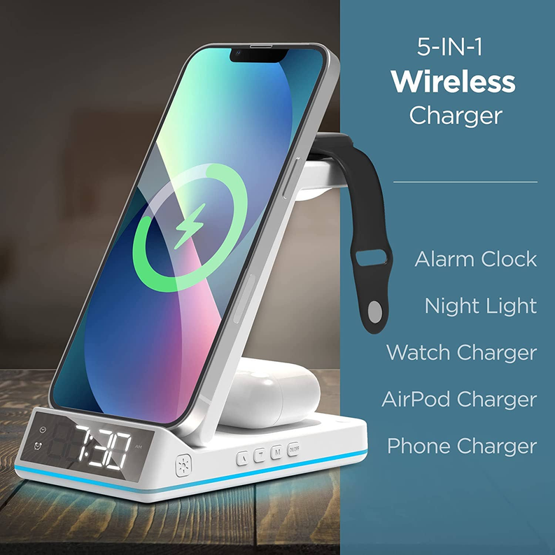 Charging stand with alarm clock screen, watch and AirPod holders, and phone night light
