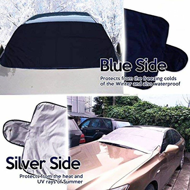 Reversible car windshield protector, dark navy side and silver side covers shown