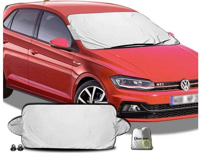 Reversible car windshield protector set, light gray cover with small bag and clips