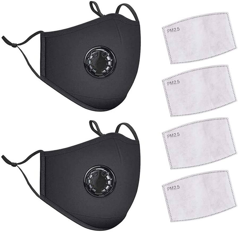Black cotton face mask with round breathing valve and two white filter pads