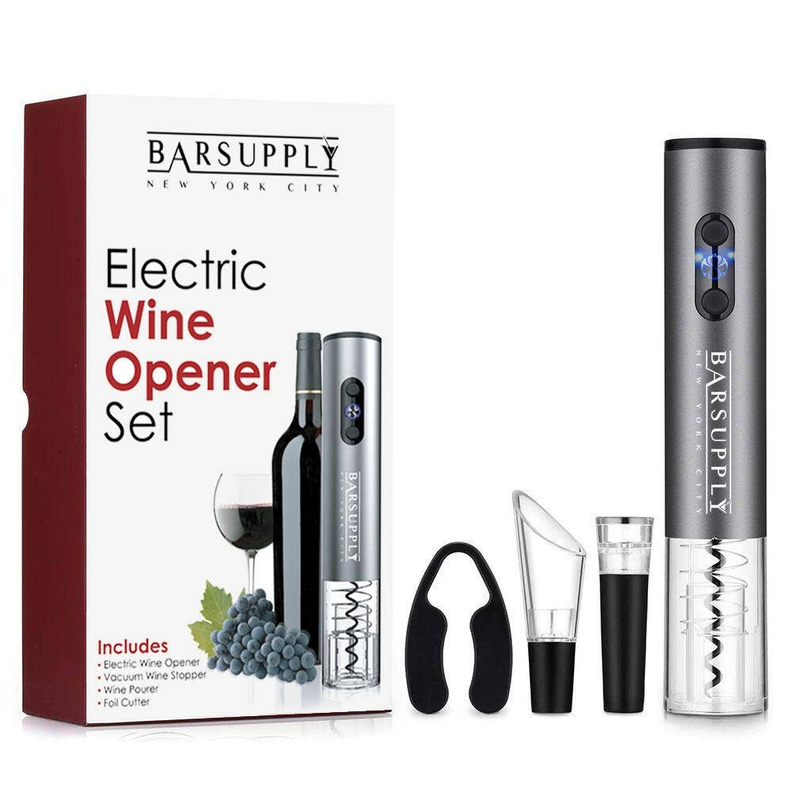 Electric wine opener set box with stainless opener, corkscrew, stopper, and foil cutter