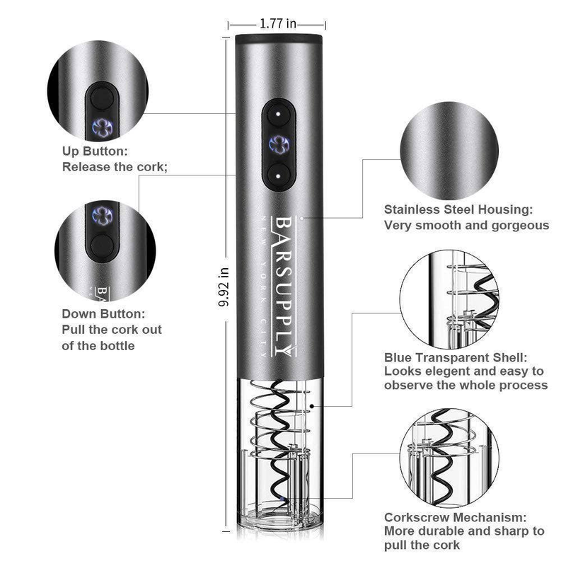 Electric wine opener set showing stainless body, blue button, and corkscrew mechanism