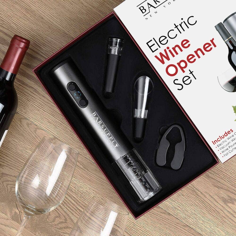 Electric wine opener set in black case with opener tools and foil cutter