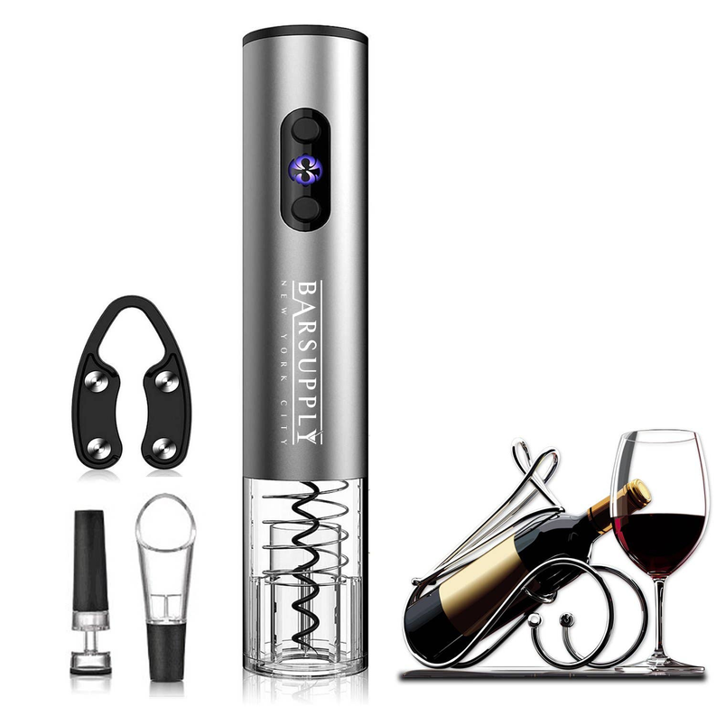 Electric wine opener set with stainless opener, foil cutter, stand, and pour stopper