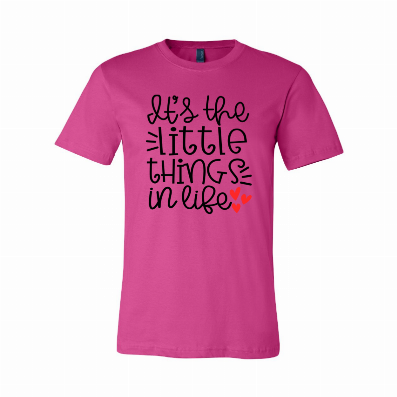 Magenta crewneck T-shirt with black script graphic text and red heart details
