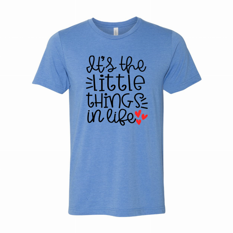 Light blue short-sleeve T-shirt with 'Let's the little things' text graphic and hearts