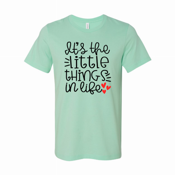 Mint green T-shirt with 'let's the little things in life' text graphic