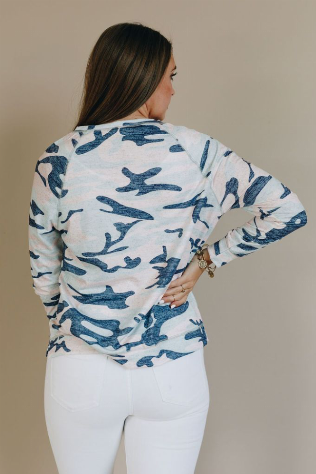Blue-and-white camo pullover with crew neck and long sleeves, back view