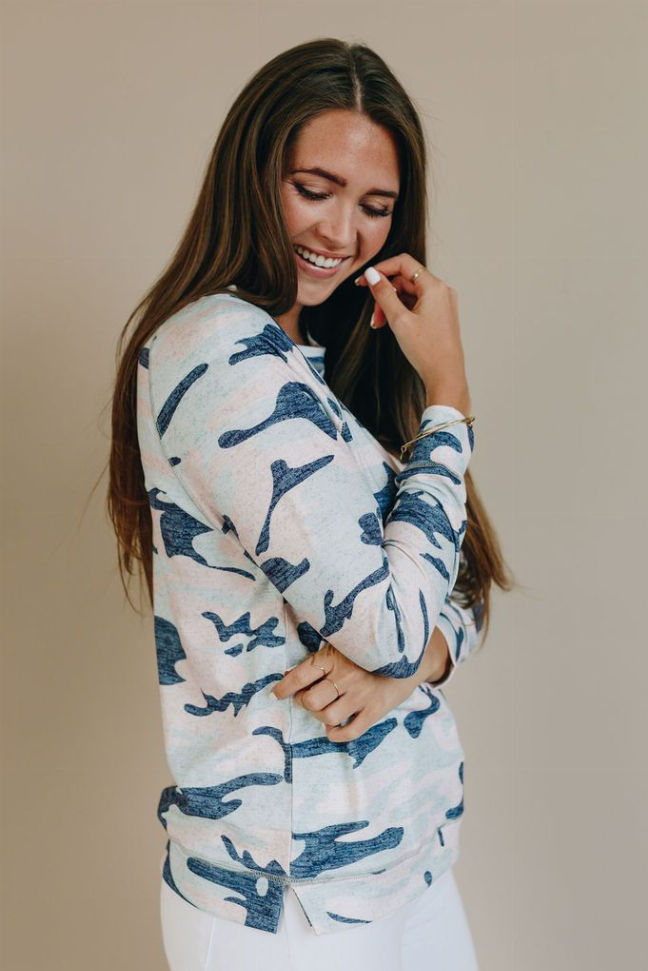 Blue camo pullover with crew neck, long sleeves, and ribbed cuffs