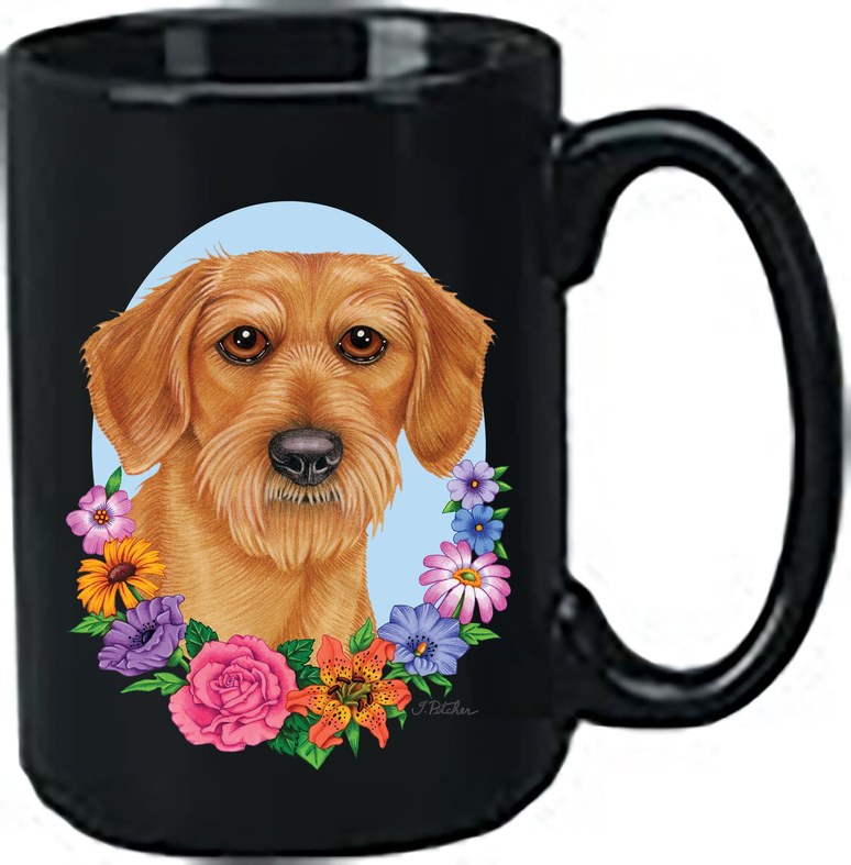 Black ceramic coffee mug with dachshund wirehair illustration and colorful flowers