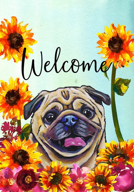 Welcome garden flag with pug face and 'Welcome' text, framed by bright flowers