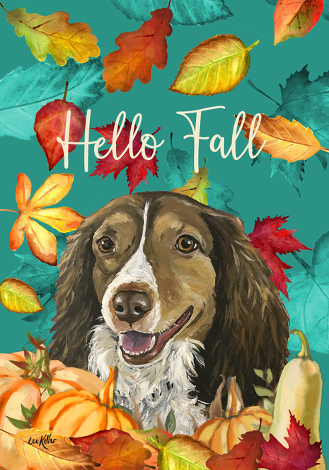 Brittany spaniel autumn garden house flag with "Hello Fall" and colorful leaves